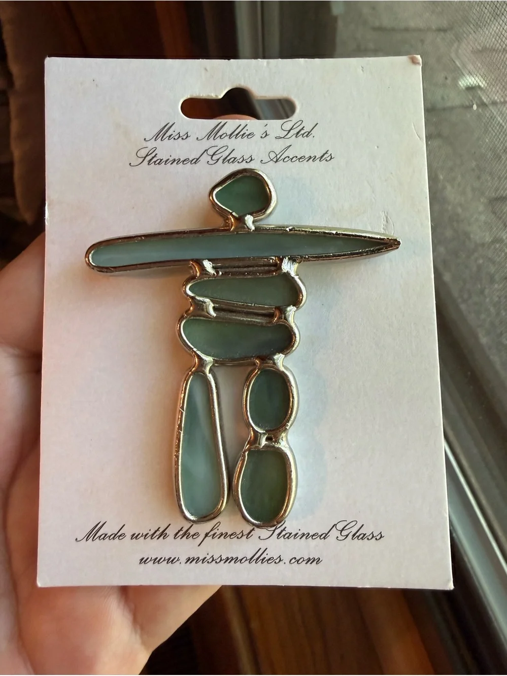 Miss Mollie's Stained Glass Green Inukshuk Pendant Brooch